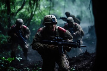 Fototapeta premium Team of soldiers engaged in the exploration of the forest 