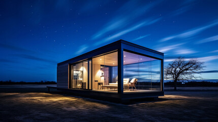 Architectural shot of a sleek, contemporary tiny home at twilight, flat roof, geometric lines, glass walls reflecting the starry night sky