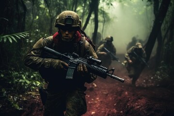 Fototapeta premium Team of soldiers engaged in the exploration of the forest