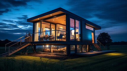 Fototapeta premium Architectural shot of a sleek, contemporary tiny home at twilight, flat roof, geometric lines, glass walls reflecting the starry night sky