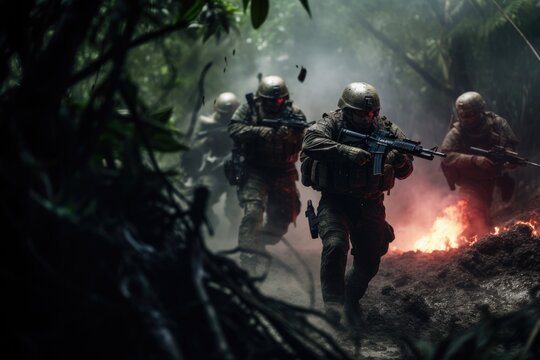 Team of soldiers engaged in the exploration of the forest
