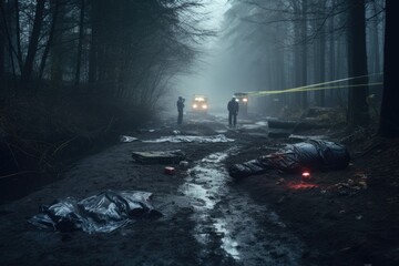 Detectives are collecting evidence in a crime scene. Forensic specialists are making expertise. Police investigation in a forest