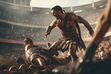 Fototapeta na wymiar A ferocious gladiator wearing armored Roman gladiator at the Ancient Rome gladiatorial games in the coliseum