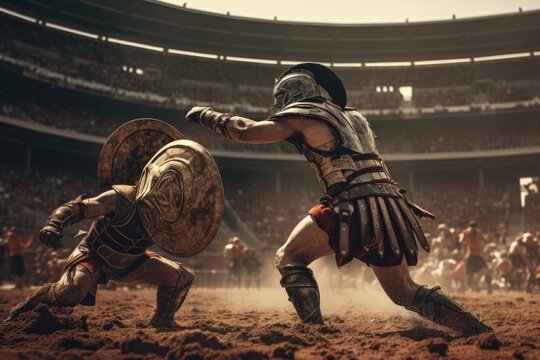 A ferocious gladiator wearing armored Roman gladiator at the Ancient Rome gladiatorial games in the coliseum