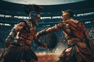 A ferocious gladiator wearing armored Roman gladiator at the Ancient Rome gladiatorial games in the coliseum - obrazy, fototapety, plakaty