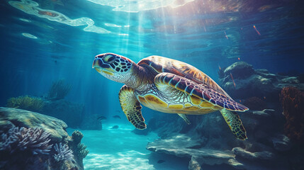 Fototapeta premium Large sea turtle gliding effortlessly, turquoise water, colorful reef below, sun rays piercing through the water