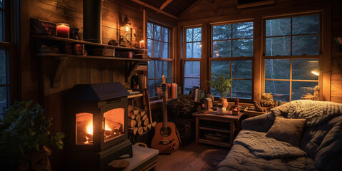 Inside a rustic, country - style tiny home featuring a cozy fireplace, vintage furniture, soft warm lights, reading nook