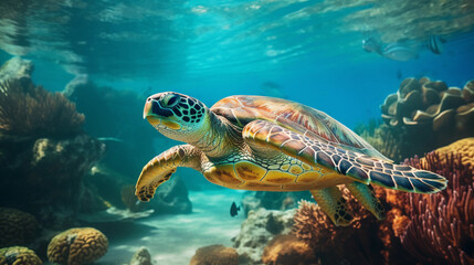 Large sea turtle gliding effortlessly, turquoise water, colorful reef below, sun rays piercing through the water