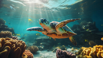 Fototapeta na wymiar Large sea turtle gliding effortlessly, turquoise water, colorful reef below, sun rays piercing through the water