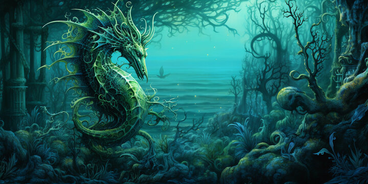 Magical realism, seahorse in glowing sea anemones, blue - green tones, dreamlike atmosphere, detailed pen and ink illustration style