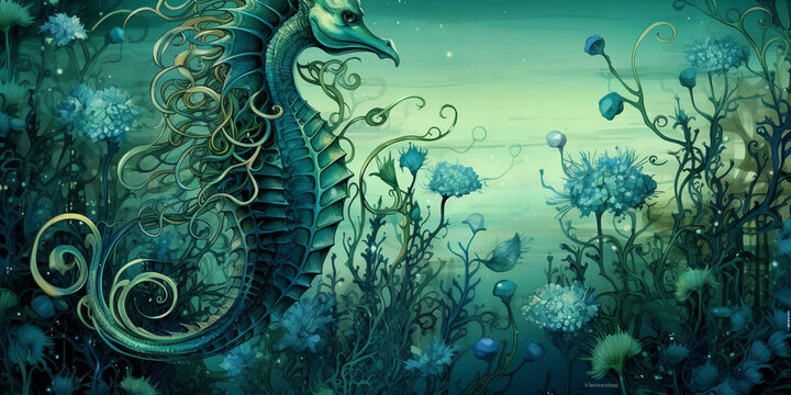Magical realism, seahorse in glowing sea anemones, blue - green tones, dreamlike atmosphere, detailed pen and ink illustration style