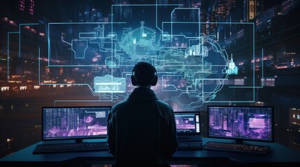 Visualize a skilled cyberpunk hacker operating within a futuristic landscape, surrounded by holographic interfaces, intricate code, and immersive virtual reality components