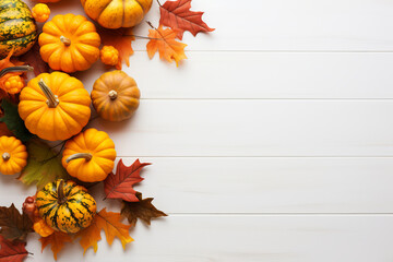Festive autumn composition from pumpkins andcolorful leaves on a white wooden background. Thanksgiving day. - obrazy, fototapety, plakaty