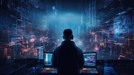 Obraz premium Visualize a skilled cyberpunk hacker operating within a futuristic landscape, surrounded by holographic interfaces, intricate code, and immersive virtual reality components