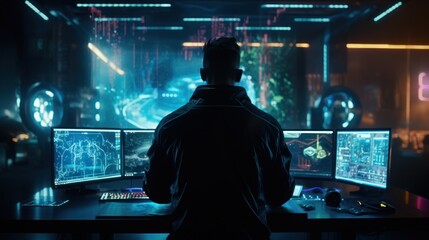 Visualize a skilled cyberpunk hacker operating within a futuristic landscape, surrounded by holographic interfaces, intricate code, and immersive virtual reality components