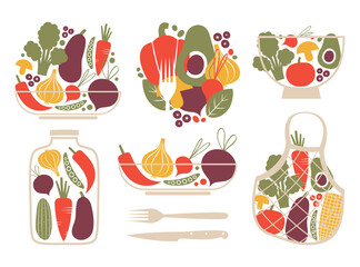 Set of vector clip arts with farmers market, organic farm, harvest, veggies. Seasonal fresh vegetables and berries. Buy products from the local farmers market. Eat local. Vegan concept.