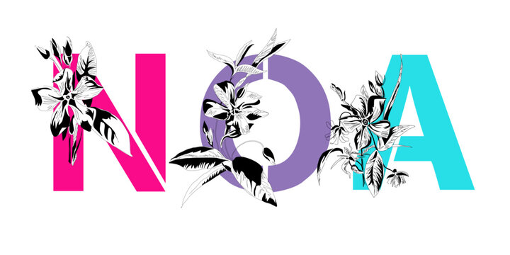 Woman's name Noa. Font composition named NOA. Decorative floral font. Typography in the style of art nouveau, modern, vintage.
