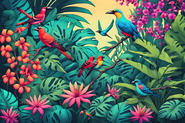 wallpaper art , illustration of plants, jungle, birds, blossoms, leaves, flowers, colorful background - generative ai