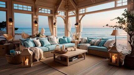 Coastal beach house living room with a breezy, nautical theme and coastal decor.