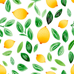 Yellow lemons on the white background seamless patterns watercolor texture cute illustration