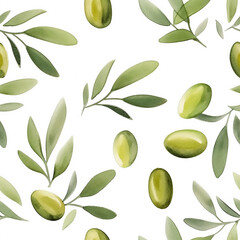 Green olives with leaves seamless watercolor pattern