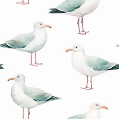 Standing seagull pattern minimalistic seamless watercolor illustration ocean wildlife