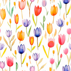 Obraz premium Tulips seamless pattern watercolor texture cute illustration print fabric