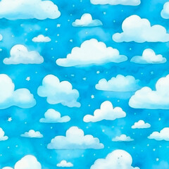 White light clouds on the blue sky seamless pattern watercolor texture  bright cute illustration
