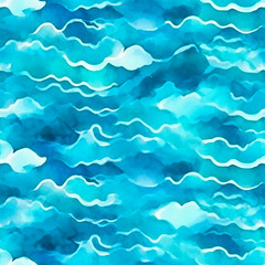 Blue waves seamless pattern watercolor texture  bright cute illustration