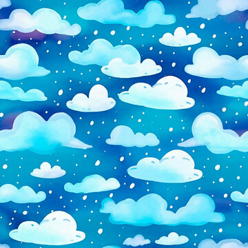 Rainy  blue clouds seamless patterns watercolor texture  cute illustration
