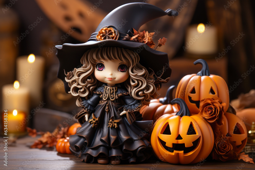 Wall mural halloween witch girl tabletop decor, figurine, statuette, interior home decorations, seasonal