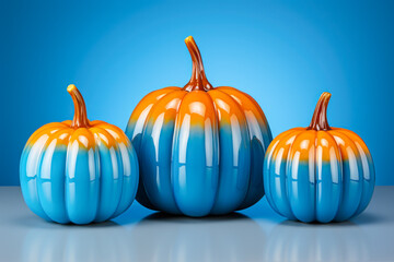 Glass pumpkins, blue and orange, fall autumn interior home decor, seasonal decoration, trendy