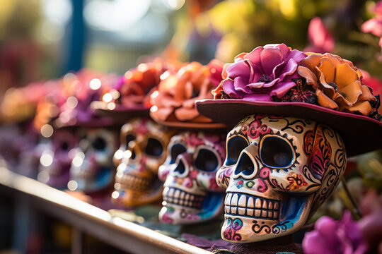 Day of the Dead skulls calacas, Mexican folk art, carved wood, copyspace