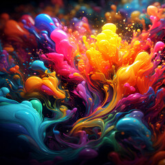 Vivid and lively appearance of various colorful liquid ink splashes