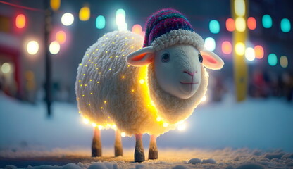 A little cute sheep stands on a snow-covered street against the background of colored lights.Generative AI