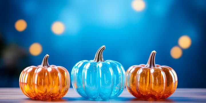 Glass pumpkins, blue and orange, fall autumn interior home decor, seasonal decoration, trendy