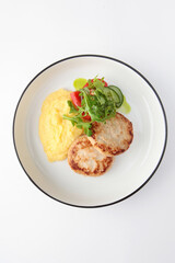 Chicken cutlet with mashed potatoes on white background. Chicken cutlet. Healthy food.Flat lay. Top view. Copy space. Isolated object.