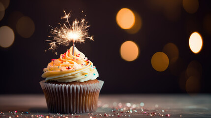 Birthday cupcake with celebration sparkler and sprinkles for a birthday party. Created with Generative AI technology.