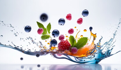 A splash of juice and a variety of berries in flight with drops.Generative AI
