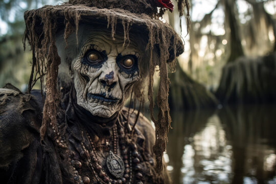 Scary voodoo swamp witch woman, Halloween, outdoor, copyspace