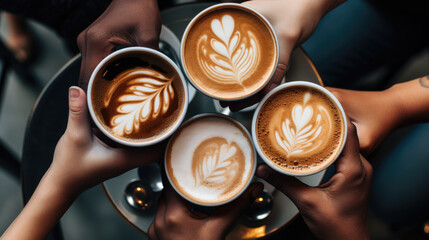 People's hands holding mugs of coffee. Created with Generative AI technology. - Powered by Adobe
