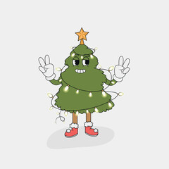 Retro groovy Christmas tree with Christmas garland.  Groovy hippie Merry Christmas and Happy New Year. Trendy groovy cartoon illustration style white background. Trendy 70s , 80s, 90s style. 