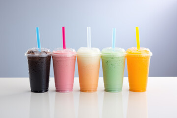 Five plastic clear cups with colorful smoothie and drinking straws.