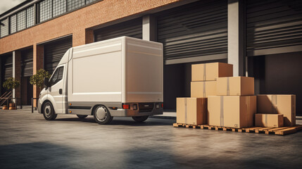 Outside of Logistics Warehouse, Delivery Van Loaded with Cardboard Boxes. Created with Generative AI technology.