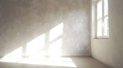 Minimalistic Aged Sunny White Room with Blank Wall and Sunny Window. Bright Warm Tones, Mock Up.
