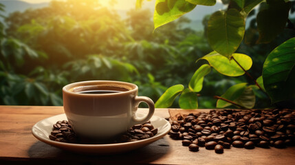 a mug of coffee and coffee beans stands on a wooden table against a background of coffee fields....