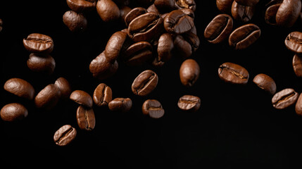 Obraz premium Coffee beans levitate on a black background. Created with Generative AI technology.
