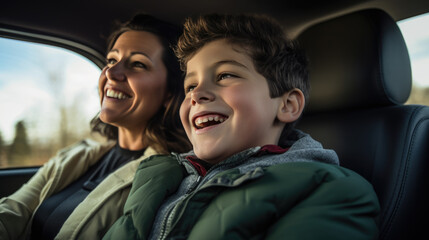 Mom and child riding in the car, laughing and smiling broadly as they travel. Created with Generative AI technology.