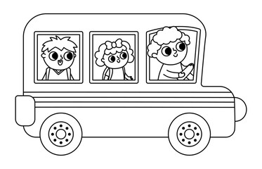 Vector black and white school bus with driver and passengers. Back to school educational line clipart. Flat public transport car. Transportation icon or coloring page with cute kids. © Lexi Claus
