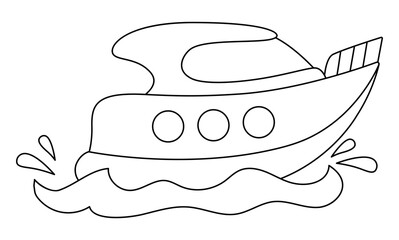 Vector black and white speedboat with waves and splashes. Water transport line icon. Funny nautical transportation boat clipart for kids. Cute marine vehicle icon or coloring page for children.